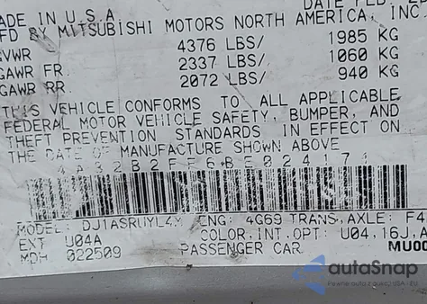 2011 Mitsubishi Galant Es from USA, damaged, VIN 4A32B2FF6BE024171
